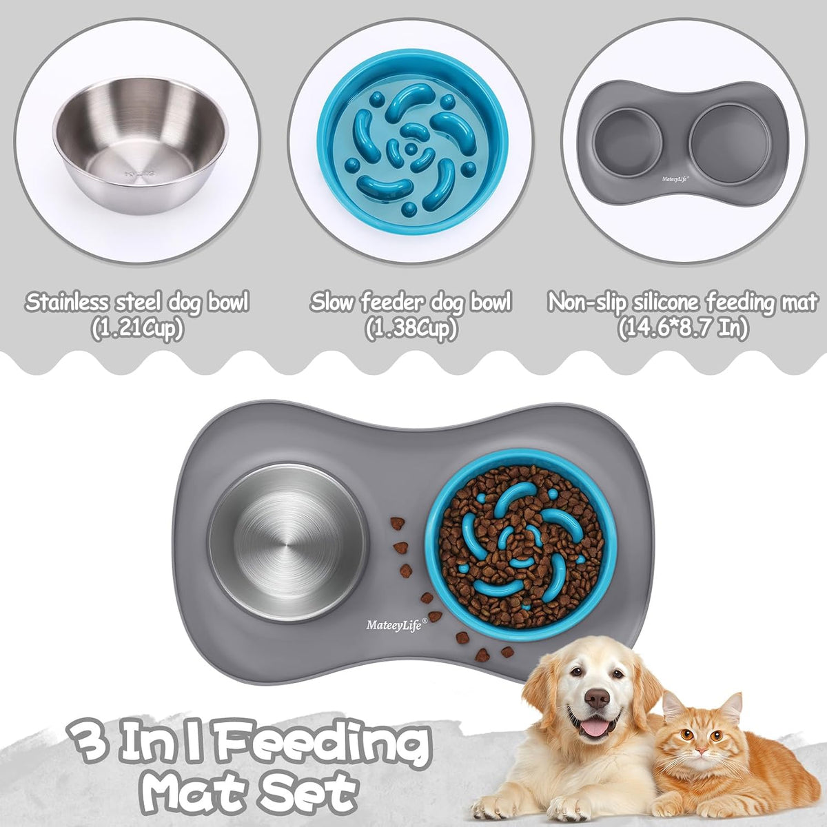 Dog Food and Water Bowl Set 3 in 1, Slow Feeder Dog Bowls & Stainless Steel Water Bowl with Non-Spill Silicone Mat, Cat and Puppy Bowls Pet Dishes for Small Medium Large Breed Anti-Choking