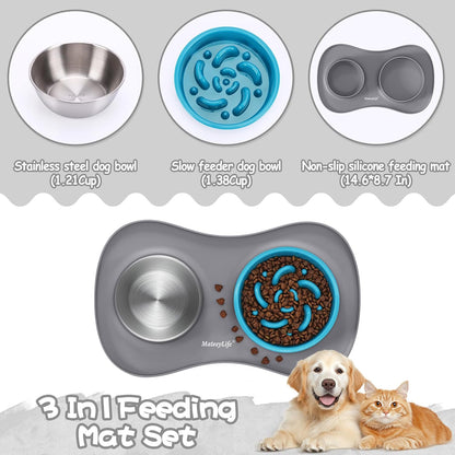 Dog Food and Water Bowl Set 3 in 1, Slow Feeder Dog Bowls & Stainless Steel Water Bowl with Non-Spill Silicone Mat, Cat and Puppy Bowls Pet Dishes for Small Medium Large Breed Anti-Choking