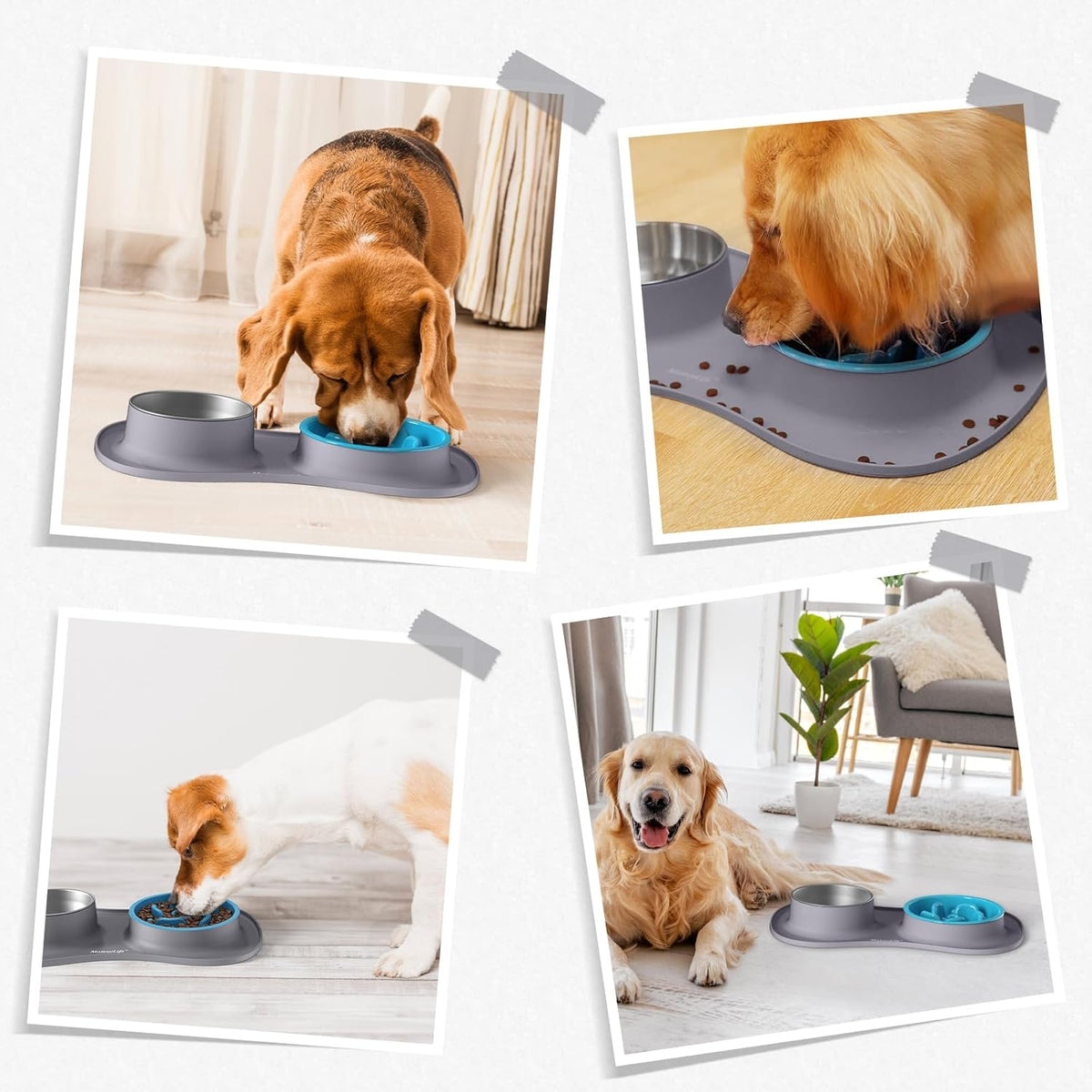 Dog Food and Water Bowl Set 3 in 1, Slow Feeder Dog Bowls & Stainless Steel Water Bowl with Non-Spill Silicone Mat, Cat and Puppy Bowls Pet Dishes for Small Medium Large Breed Anti-Choking
