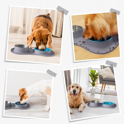 Dog Food and Water Bowl Set 3 in 1, Slow Feeder Dog Bowls & Stainless Steel Water Bowl with Non-Spill Silicone Mat, Cat and Puppy Bowls Pet Dishes for Small Medium Large Breed Anti-Choking
