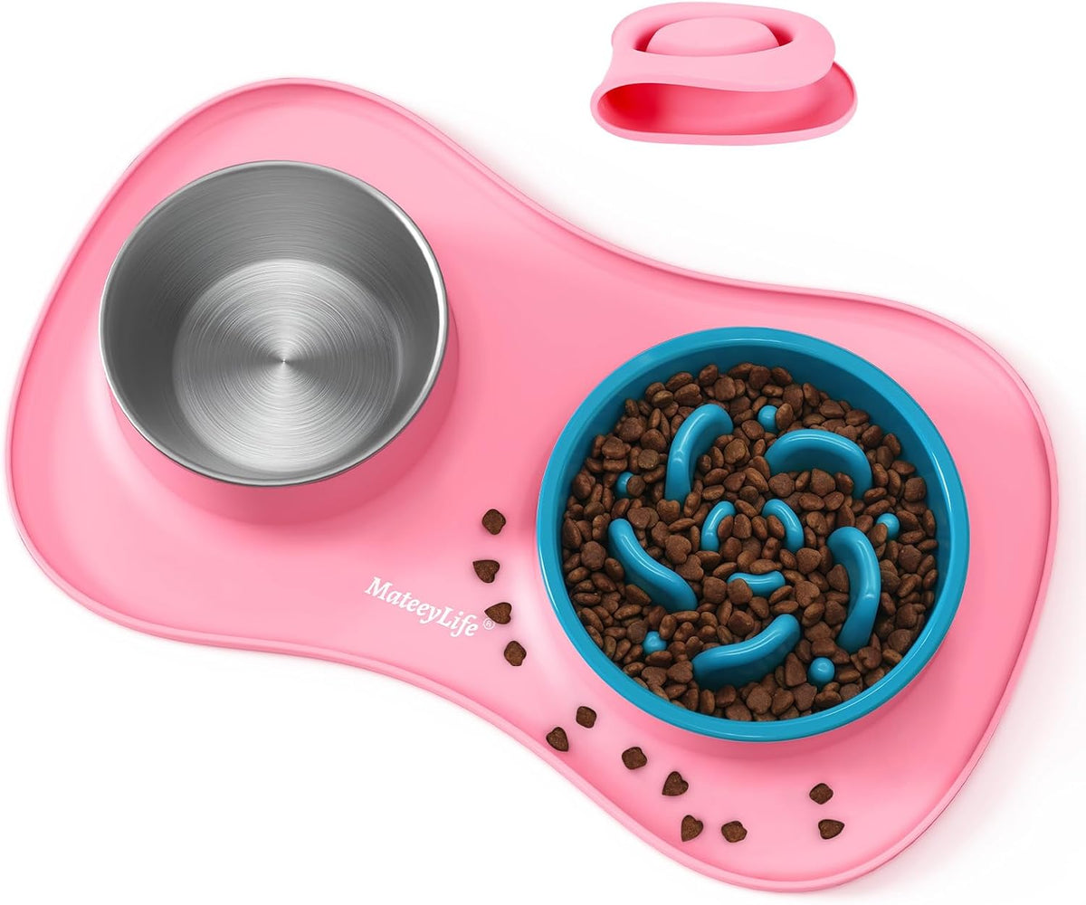Dog Food and Water Bowl Set 3 in 1, Slow Feeder Dog Bowls & Stainless Steel Water Bowl with Non-Spill Silicone Mat, Cat and Puppy Bowls Pet Dishes for Small Medium Large Breed Anti-Choking