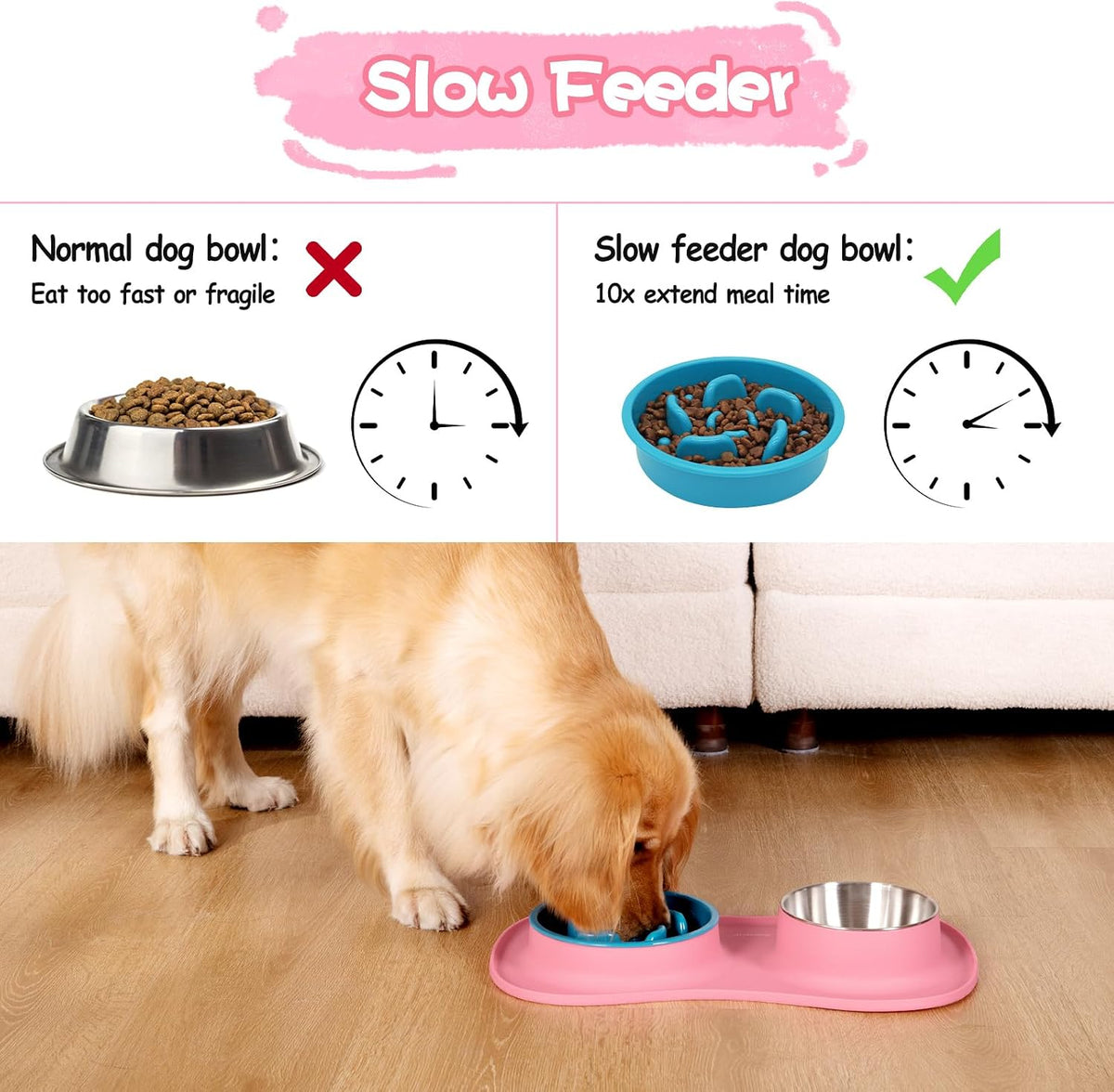 Dog Food and Water Bowl Set 3 in 1, Slow Feeder Dog Bowls & Stainless Steel Water Bowl with Non-Spill Silicone Mat, Cat and Puppy Bowls Pet Dishes for Small Medium Large Breed Anti-Choking