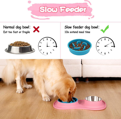Dog Food and Water Bowl Set 3 in 1, Slow Feeder Dog Bowls & Stainless Steel Water Bowl with Non-Spill Silicone Mat, Cat and Puppy Bowls Pet Dishes for Small Medium Large Breed Anti-Choking
