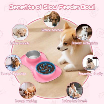 Dog Food and Water Bowl Set 3 in 1, Slow Feeder Dog Bowls & Stainless Steel Water Bowl with Non-Spill Silicone Mat, Cat and Puppy Bowls Pet Dishes for Small Medium Large Breed Anti-Choking