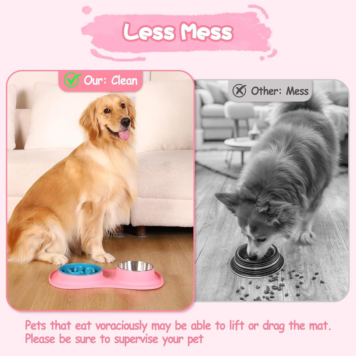 Dog Food and Water Bowl Set 3 in 1, Slow Feeder Dog Bowls & Stainless Steel Water Bowl with Non-Spill Silicone Mat, Cat and Puppy Bowls Pet Dishes for Small Medium Large Breed Anti-Choking
