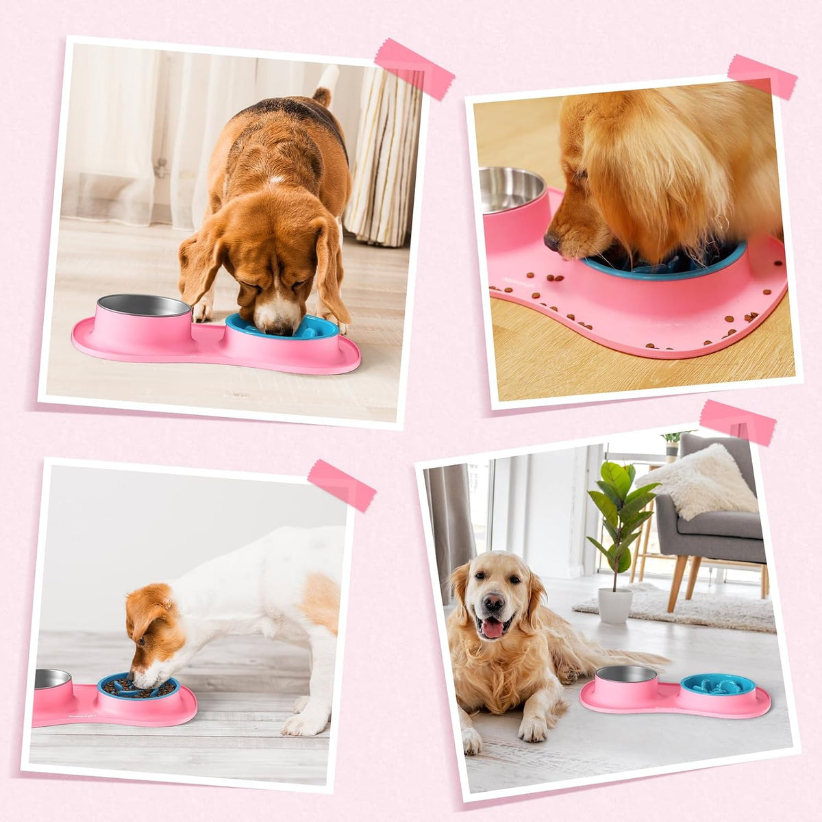 Dog Food and Water Bowl Set 3 in 1, Slow Feeder Dog Bowls & Stainless Steel Water Bowl with Non-Spill Silicone Mat, Cat and Puppy Bowls Pet Dishes for Small Medium Large Breed Anti-Choking