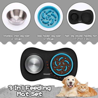 Dog Food and Water Bowl Set 3 in 1, Slow Feeder Dog Bowls & Stainless Steel Water Bowl with Non-Spill Silicone Mat, Cat and Puppy Bowls Pet Dishes for Small Medium Large Breed Anti-Choking