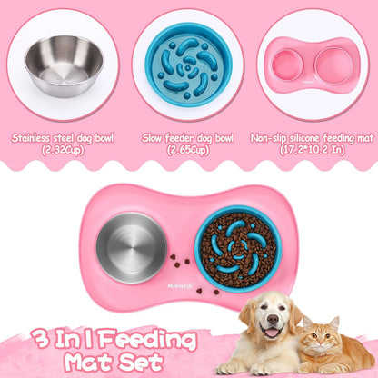 Dog Food and Water Bowl Set 3 in 1, Slow Feeder Dog Bowls & Stainless Steel Water Bowl with Non-Spill Silicone Mat, Cat and Puppy Bowls Pet Dishes for Small Medium Large Breed Anti-Choking