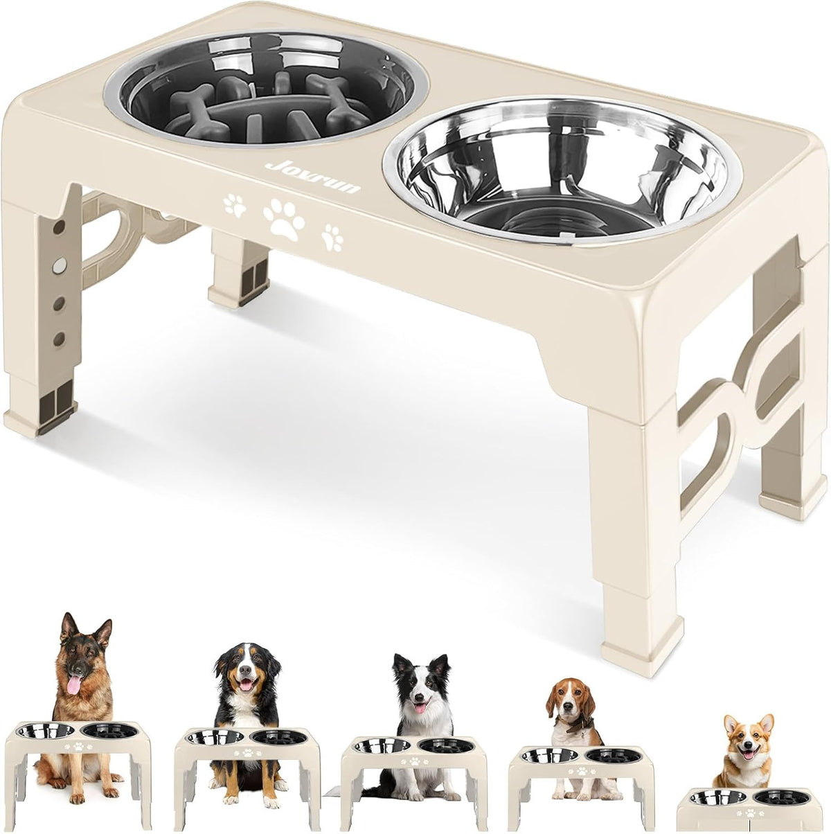 Elevated Dog Bowls for Medium Large Size Dogs, Non-Slip Dog Feeder with 1*Stainless Steel Dishes & 1*Slow Feeder Bowl, 5 Heights Adjustable Raised Bowls to 3.15″-8.66″-9.84″-11.02″-12.2″