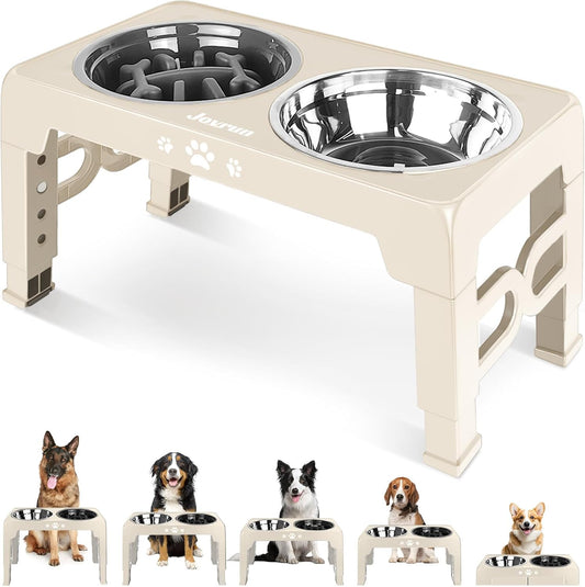 Elevated Dog Bowls for Medium Large Size Dogs, Non-Slip Dog Feeder with 1*Stainless Steel Dishes & 1*Slow Feeder Bowl, 5 Heights Adjustable Raised Bowls to 3.15″-8.66″-9.84″-11.02″-12.2″