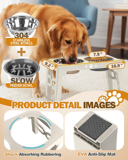 Elevated Dog Bowls for Medium Large Size Dogs, Non-Slip Dog Feeder with 1*Stainless Steel Dishes & 1*Slow Feeder Bowl, 5 Heights Adjustable Raised Bowls to 3.15″-8.66″-9.84″-11.02″-12.2″