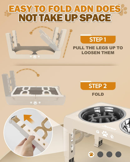 Elevated Dog Bowls for Medium Large Size Dogs, Non-Slip Dog Feeder with 1*Stainless Steel Dishes & 1*Slow Feeder Bowl, 5 Heights Adjustable Raised Bowls to 3.15″-8.66″-9.84″-11.02″-12.2″
