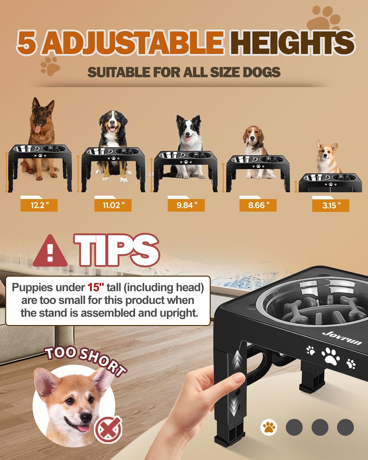 Elevated Dog Bowls for Medium Large Size Dogs, Non-Slip Dog Feeder with 1*Stainless Steel Dishes & 1*Slow Feeder Bowl, 5 Heights Adjustable Raised Bowls to 3.15″-8.66″-9.84″-11.02″-12.2″