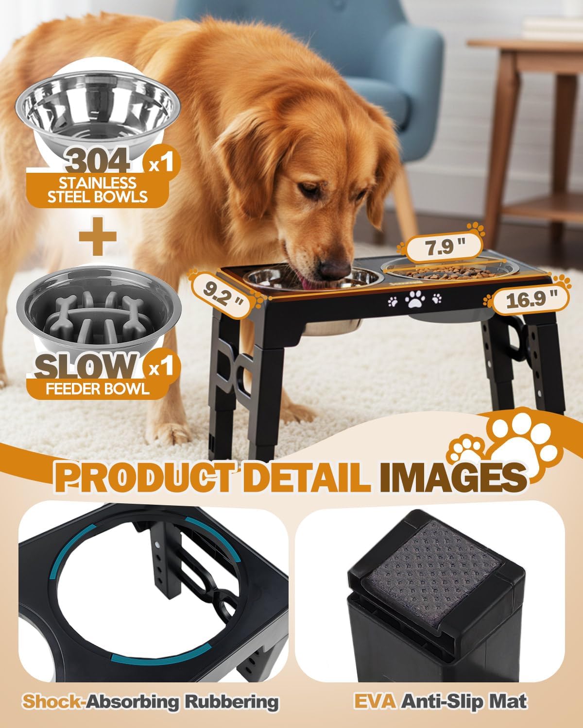 Elevated Dog Bowls for Medium Large Size Dogs, Non-Slip Dog Feeder with 1*Stainless Steel Dishes & 1*Slow Feeder Bowl, 5 Heights Adjustable Raised Bowls to 3.15″-8.66″-9.84″-11.02″-12.2″
