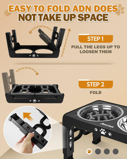 Elevated Dog Bowls for Medium Large Size Dogs, Non-Slip Dog Feeder with 1*Stainless Steel Dishes & 1*Slow Feeder Bowl, 5 Heights Adjustable Raised Bowls to 3.15″-8.66″-9.84″-11.02″-12.2″