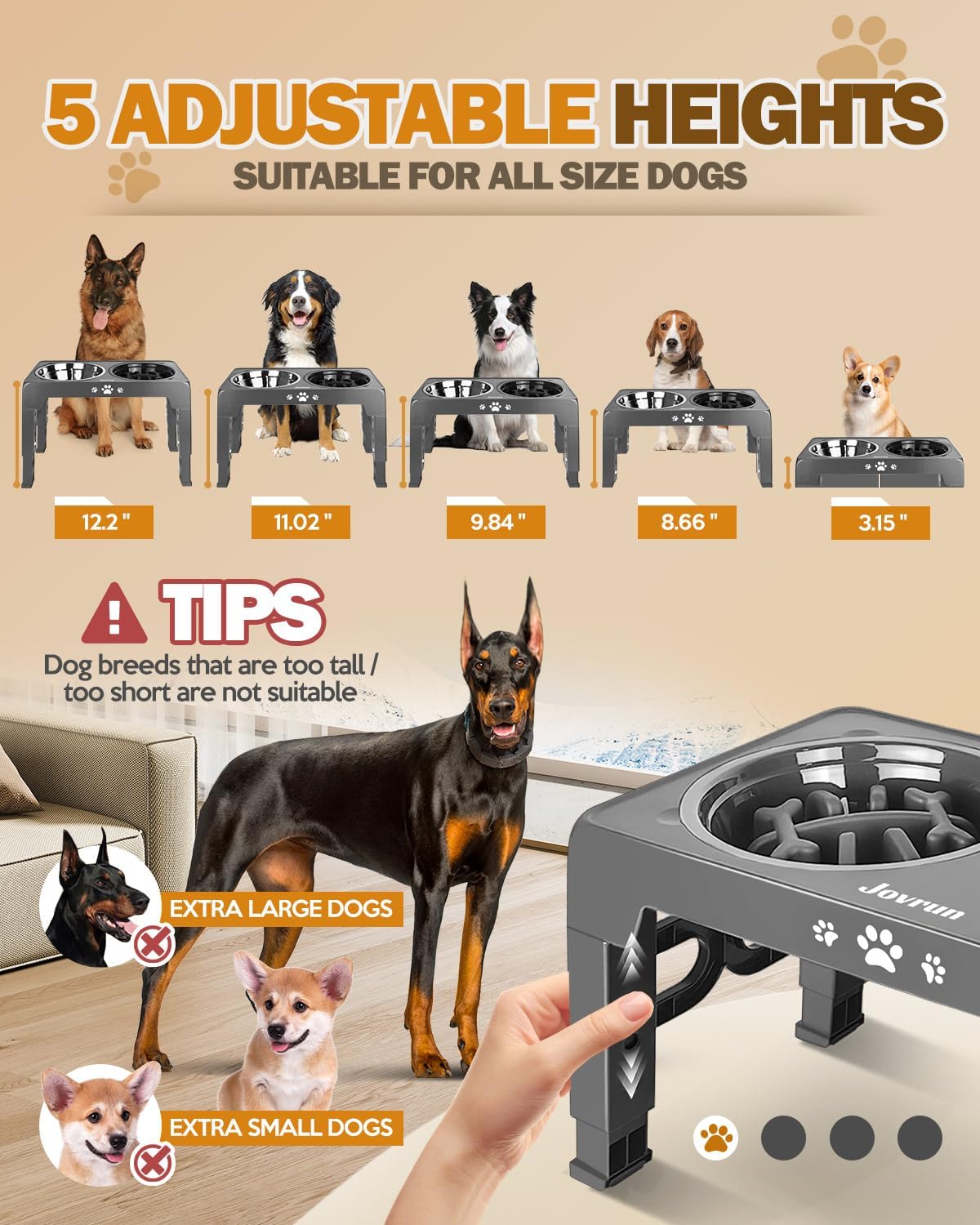 Elevated Dog Bowls for Medium Large Size Dogs, Non-Slip Dog Feeder with 1*Stainless Steel Dishes & 1*Slow Feeder Bowl, 5 Heights Adjustable Raised Bowls to 3.15″-8.66″-9.84″-11.02″-12.2″