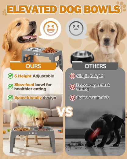 Elevated Dog Bowls for Medium Large Size Dogs, Non-Slip Dog Feeder with 1*Stainless Steel Dishes & 1*Slow Feeder Bowl, 5 Heights Adjustable Raised Bowls to 3.15″-8.66″-9.84″-11.02″-12.2″