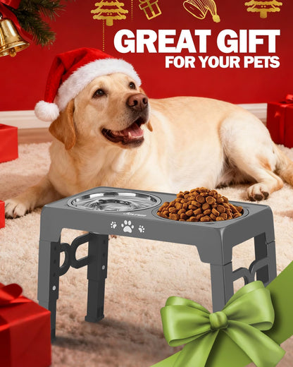 Elevated Dog Bowls for Medium Large Size Dogs, Non-Slip Dog Feeder with 1*Stainless Steel Dishes & 1*Slow Feeder Bowl, 5 Heights Adjustable Raised Bowls to 3.15″-8.66″-9.84″-11.02″-12.2″