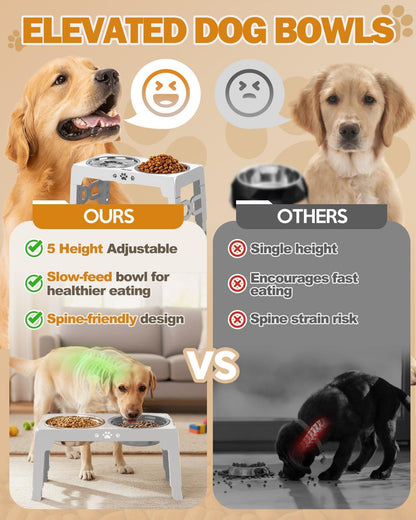 Elevated Dog Bowls for Medium Large Size Dogs, Non-Slip Dog Feeder with 1*Stainless Steel Dishes & 1*Slow Feeder Bowl, 5 Heights Adjustable Raised Bowls to 3.15″-8.66″-9.84″-11.02″-12.2″