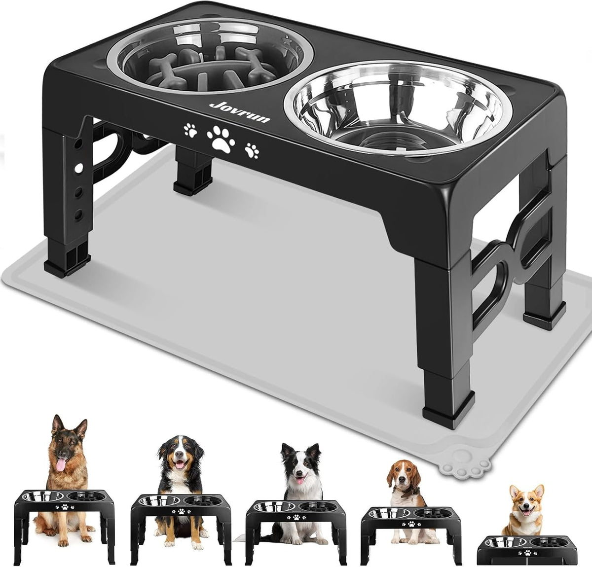 Elevated Dog Bowls for Medium Large Size Dogs, Non-Slip Dog Feeder with 1*Stainless Steel Dishes & 1*Slow Feeder Bowl, 5 Heights Adjustable Raised Bowls to 3.15″-8.66″-9.84″-11.02″-12.2″