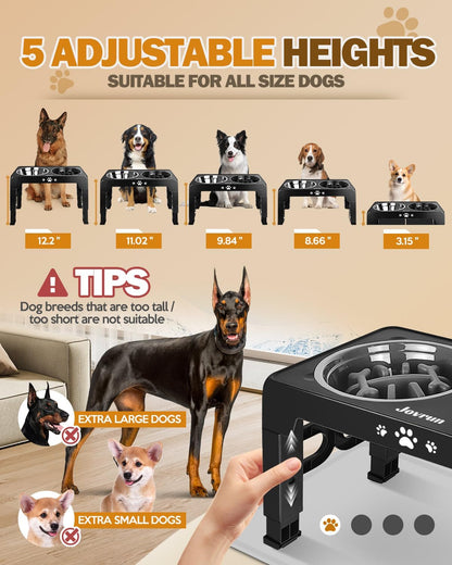 Elevated Dog Bowls for Medium Large Size Dogs, Non-Slip Dog Feeder with 1*Stainless Steel Dishes & 1*Slow Feeder Bowl, 5 Heights Adjustable Raised Bowls to 3.15″-8.66″-9.84″-11.02″-12.2″
