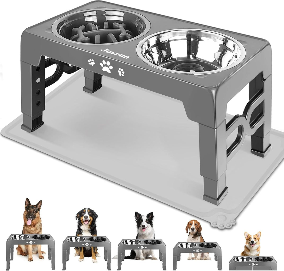 Elevated Dog Bowls for Medium Large Size Dogs, Non-Slip Dog Feeder with 1*Stainless Steel Dishes & 1*Slow Feeder Bowl, 5 Heights Adjustable Raised Bowls to 3.15″-8.66″-9.84″-11.02″-12.2″