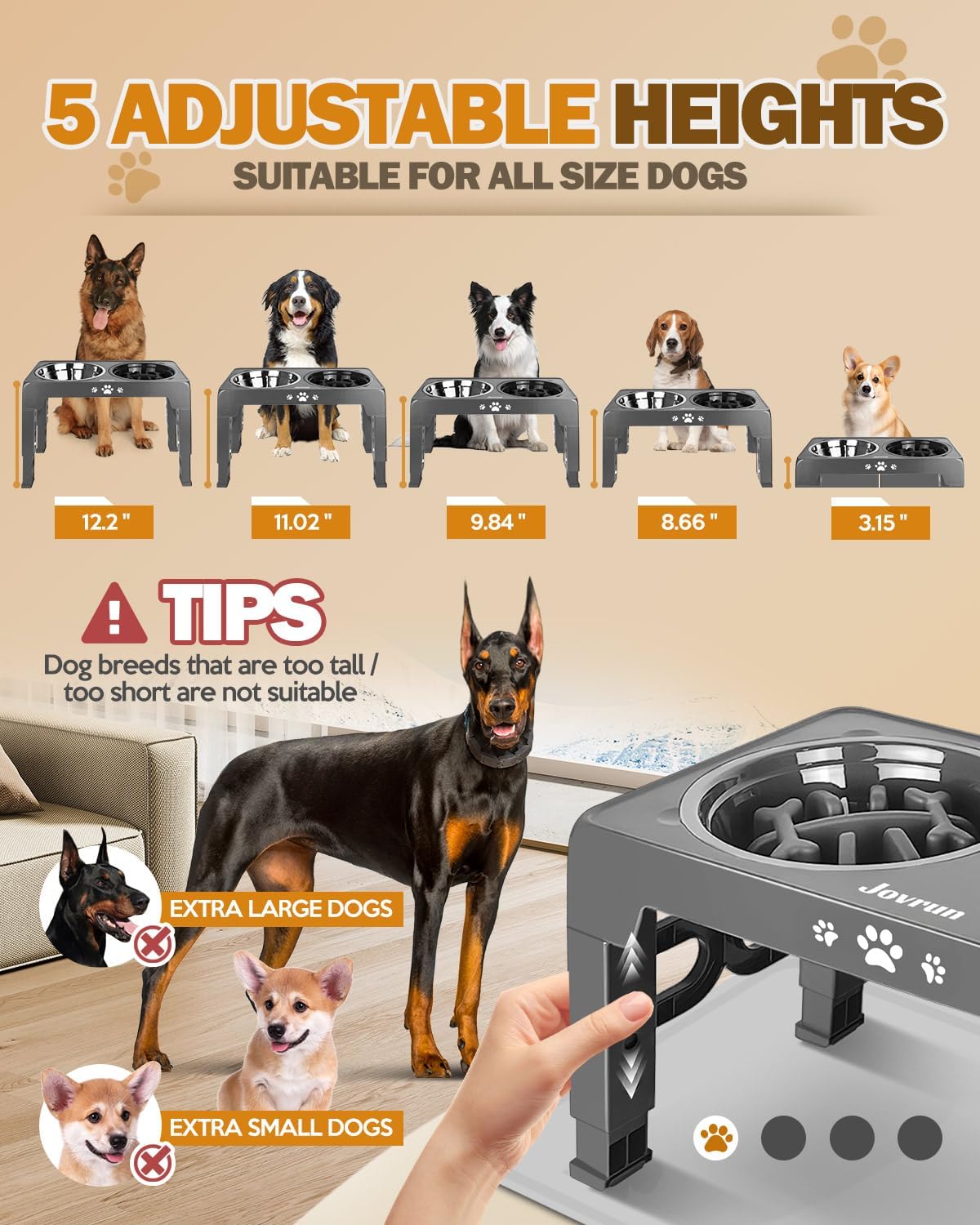 Elevated Dog Bowls for Medium Large Size Dogs, Non-Slip Dog Feeder with 1*Stainless Steel Dishes & 1*Slow Feeder Bowl, 5 Heights Adjustable Raised Bowls to 3.15″-8.66″-9.84″-11.02″-12.2″