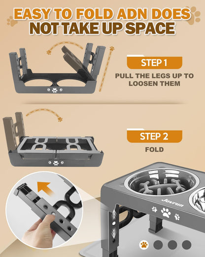 Elevated Dog Bowls for Medium Large Size Dogs, Non-Slip Dog Feeder with 1*Stainless Steel Dishes & 1*Slow Feeder Bowl, 5 Heights Adjustable Raised Bowls to 3.15″-8.66″-9.84″-11.02″-12.2″