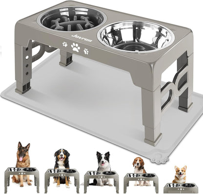Elevated Dog Bowls for Medium Large Size Dogs, Non-Slip Dog Feeder with 1*Stainless Steel Dishes & 1*Slow Feeder Bowl, 5 Heights Adjustable Raised Bowls to 3.15″-8.66″-9.84″-11.02″-12.2″