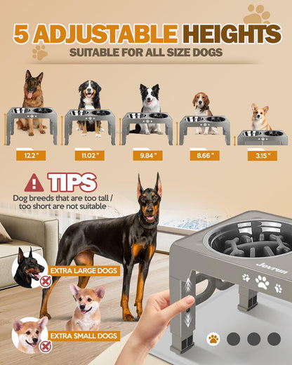 Elevated Dog Bowls for Medium Large Size Dogs, Non-Slip Dog Feeder with 1*Stainless Steel Dishes & 1*Slow Feeder Bowl, 5 Heights Adjustable Raised Bowls to 3.15″-8.66″-9.84″-11.02″-12.2″