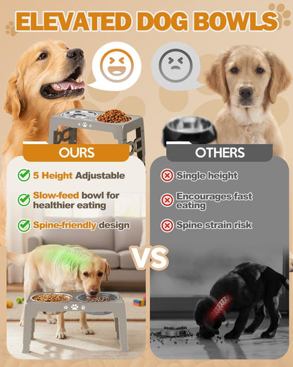 Elevated Dog Bowls for Medium Large Size Dogs, Non-Slip Dog Feeder with 1*Stainless Steel Dishes & 1*Slow Feeder Bowl, 5 Heights Adjustable Raised Bowls to 3.15″-8.66″-9.84″-11.02″-12.2″