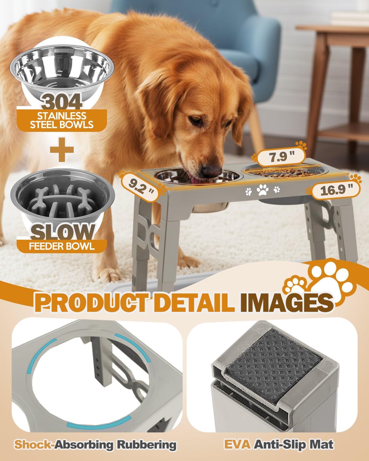 Elevated Dog Bowls for Medium Large Size Dogs, Non-Slip Dog Feeder with 1*Stainless Steel Dishes & 1*Slow Feeder Bowl, 5 Heights Adjustable Raised Bowls to 3.15″-8.66″-9.84″-11.02″-12.2″