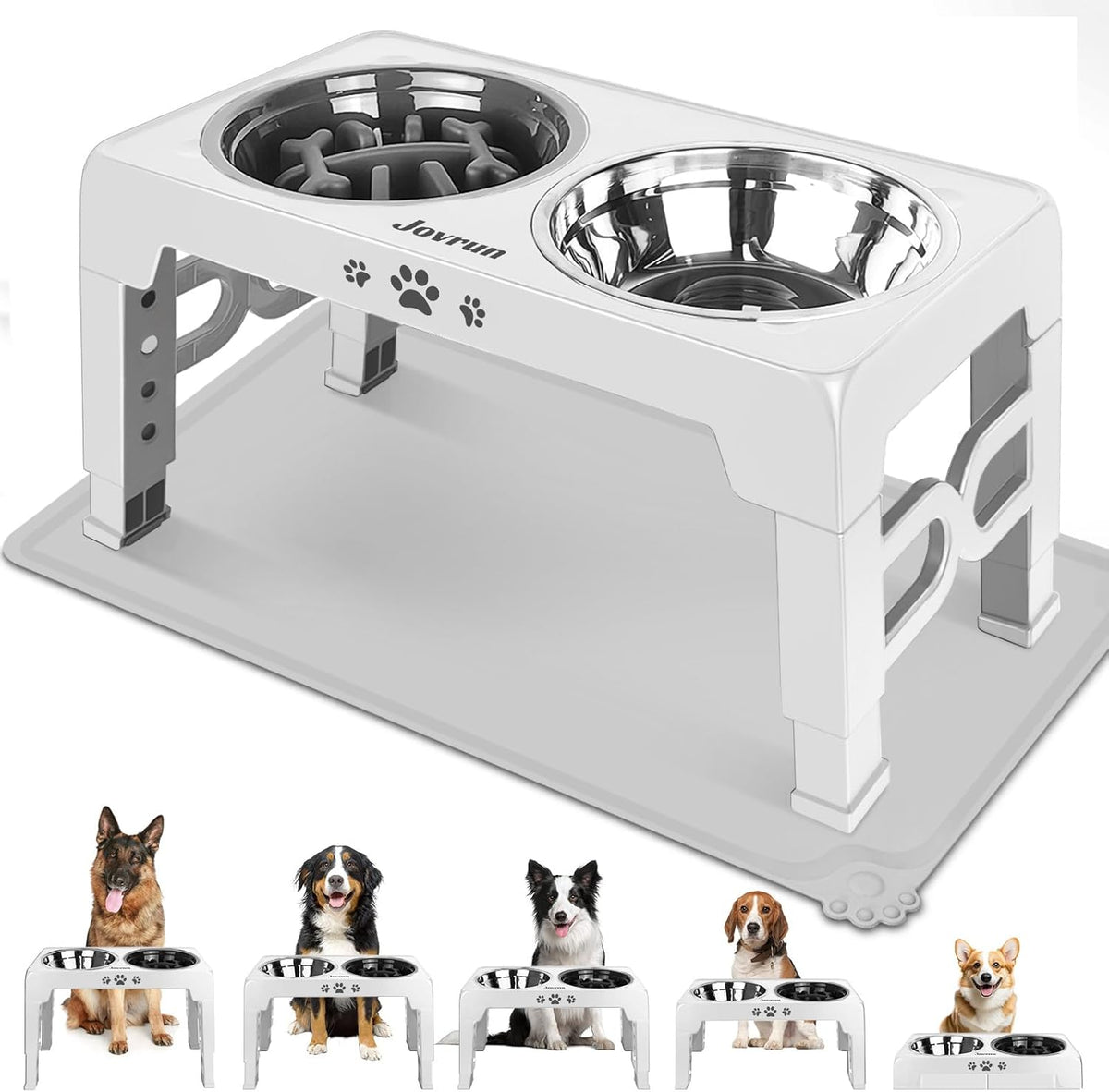 Elevated Dog Bowls for Medium Large Size Dogs, Non-Slip Dog Feeder with 1*Stainless Steel Dishes & 1*Slow Feeder Bowl, 5 Heights Adjustable Raised Bowls to 3.15″-8.66″-9.84″-11.02″-12.2″
