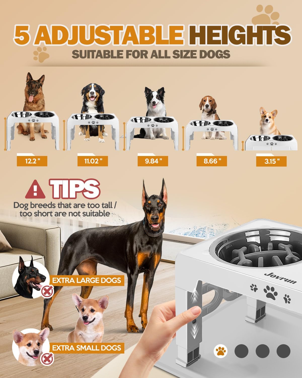 Elevated Dog Bowls for Medium Large Size Dogs, Non-Slip Dog Feeder with 1*Stainless Steel Dishes & 1*Slow Feeder Bowl, 5 Heights Adjustable Raised Bowls to 3.15″-8.66″-9.84″-11.02″-12.2″