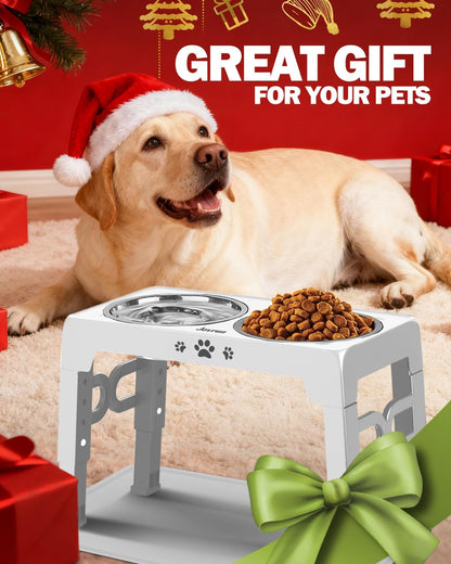 Elevated Dog Bowls for Medium Large Size Dogs, Non-Slip Dog Feeder with 1*Stainless Steel Dishes & 1*Slow Feeder Bowl, 5 Heights Adjustable Raised Bowls to 3.15″-8.66″-9.84″-11.02″-12.2″