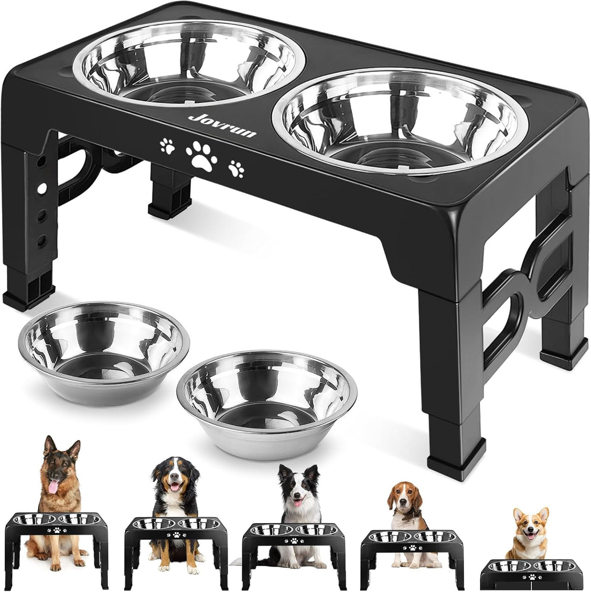Elevated Dog Bowls for Medium Large Size Dogs, Non-Slip Dog Feeder with 1*Stainless Steel Dishes & 1*Slow Feeder Bowl, 5 Heights Adjustable Raised Bowls to 3.15″-8.66″-9.84″-11.02″-12.2″