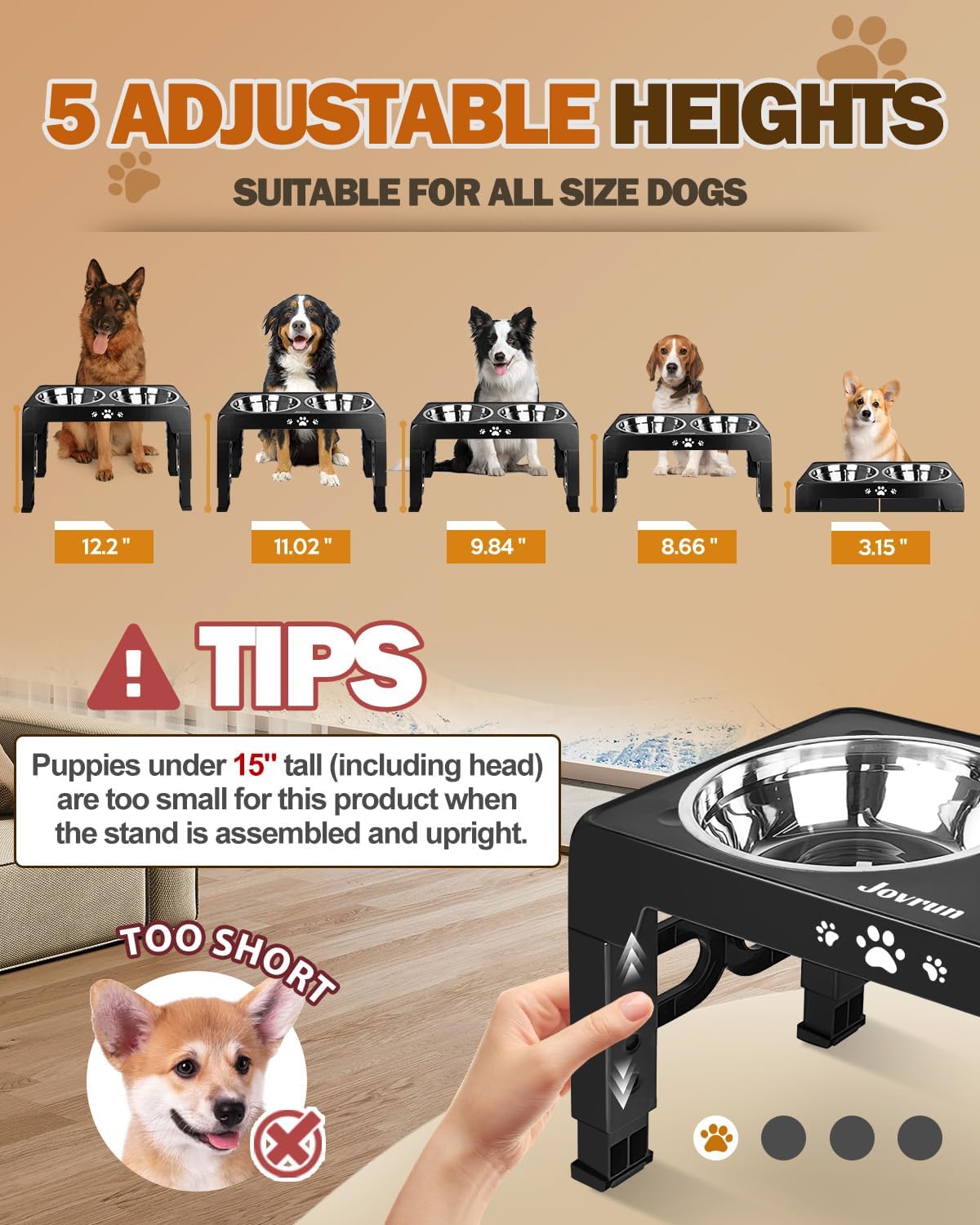 Elevated Dog Bowls for Medium Large Size Dogs, Non-Slip Dog Feeder with 1*Stainless Steel Dishes & 1*Slow Feeder Bowl, 5 Heights Adjustable Raised Bowls to 3.15″-8.66″-9.84″-11.02″-12.2″