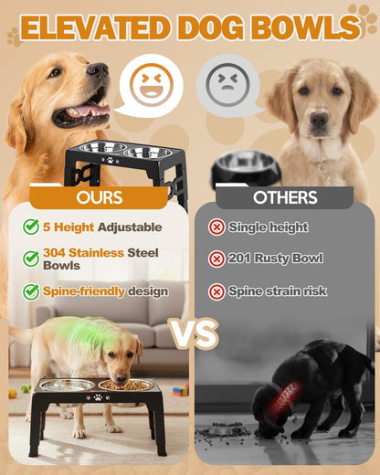 Elevated Dog Bowls for Medium Large Size Dogs, Non-Slip Dog Feeder with 1*Stainless Steel Dishes & 1*Slow Feeder Bowl, 5 Heights Adjustable Raised Bowls to 3.15″-8.66″-9.84″-11.02″-12.2″