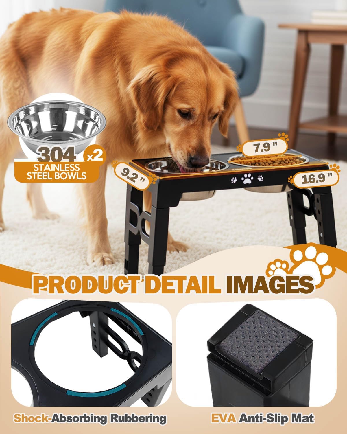 Elevated Dog Bowls for Medium Large Size Dogs, Non-Slip Dog Feeder with 1*Stainless Steel Dishes & 1*Slow Feeder Bowl, 5 Heights Adjustable Raised Bowls to 3.15″-8.66″-9.84″-11.02″-12.2″