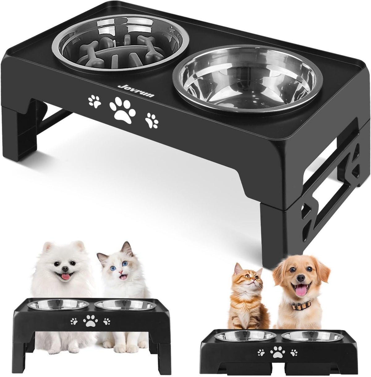 Elevated Dog Bowls for Medium Large Size Dogs, Non-Slip Dog Feeder with 1*Stainless Steel Dishes & 1*Slow Feeder Bowl, 5 Heights Adjustable Raised Bowls to 3.15″-8.66″-9.84″-11.02″-12.2″
