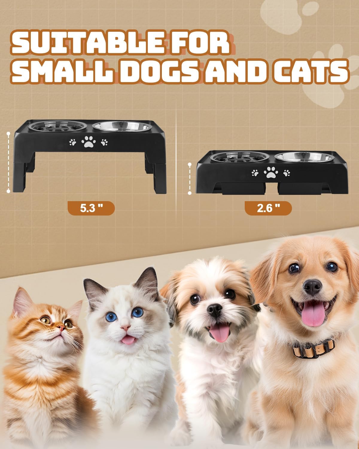 Elevated Dog Bowls for Medium Large Size Dogs, Non-Slip Dog Feeder with 1*Stainless Steel Dishes & 1*Slow Feeder Bowl, 5 Heights Adjustable Raised Bowls to 3.15″-8.66″-9.84″-11.02″-12.2″