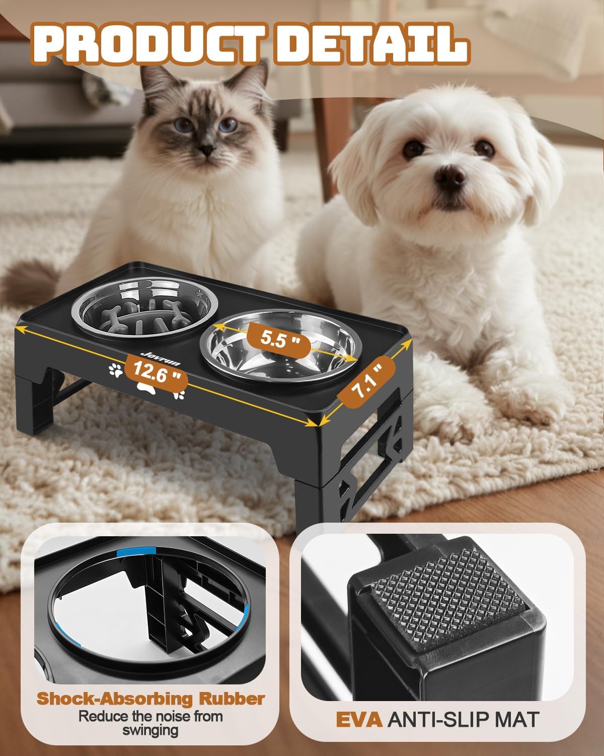 Elevated Dog Bowls for Medium Large Size Dogs, Non-Slip Dog Feeder with 1*Stainless Steel Dishes & 1*Slow Feeder Bowl, 5 Heights Adjustable Raised Bowls to 3.15″-8.66″-9.84″-11.02″-12.2″