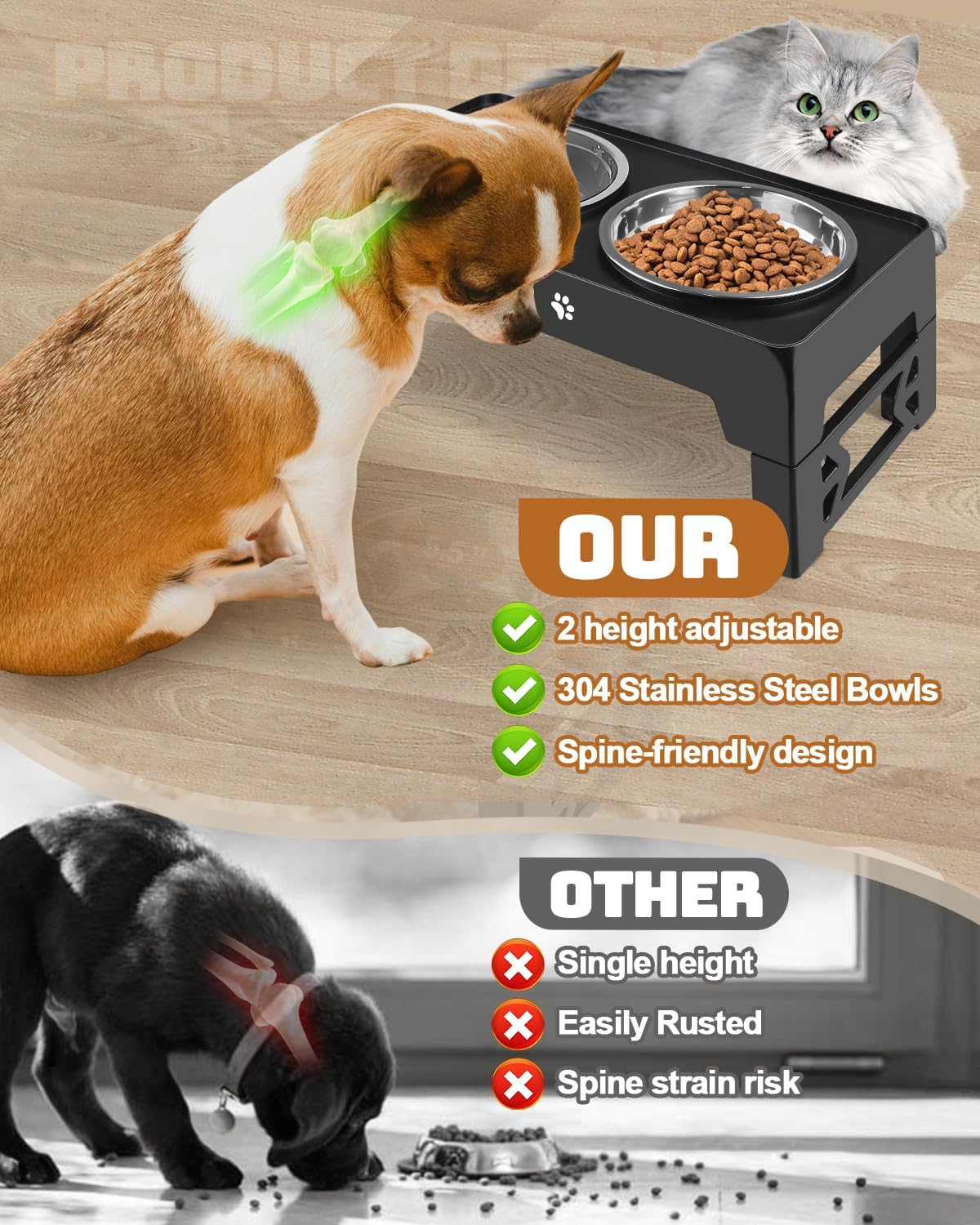 Elevated Dog Bowls for Medium Large Size Dogs, Non-Slip Dog Feeder with 1*Stainless Steel Dishes & 1*Slow Feeder Bowl, 5 Heights Adjustable Raised Bowls to 3.15″-8.66″-9.84″-11.02″-12.2″