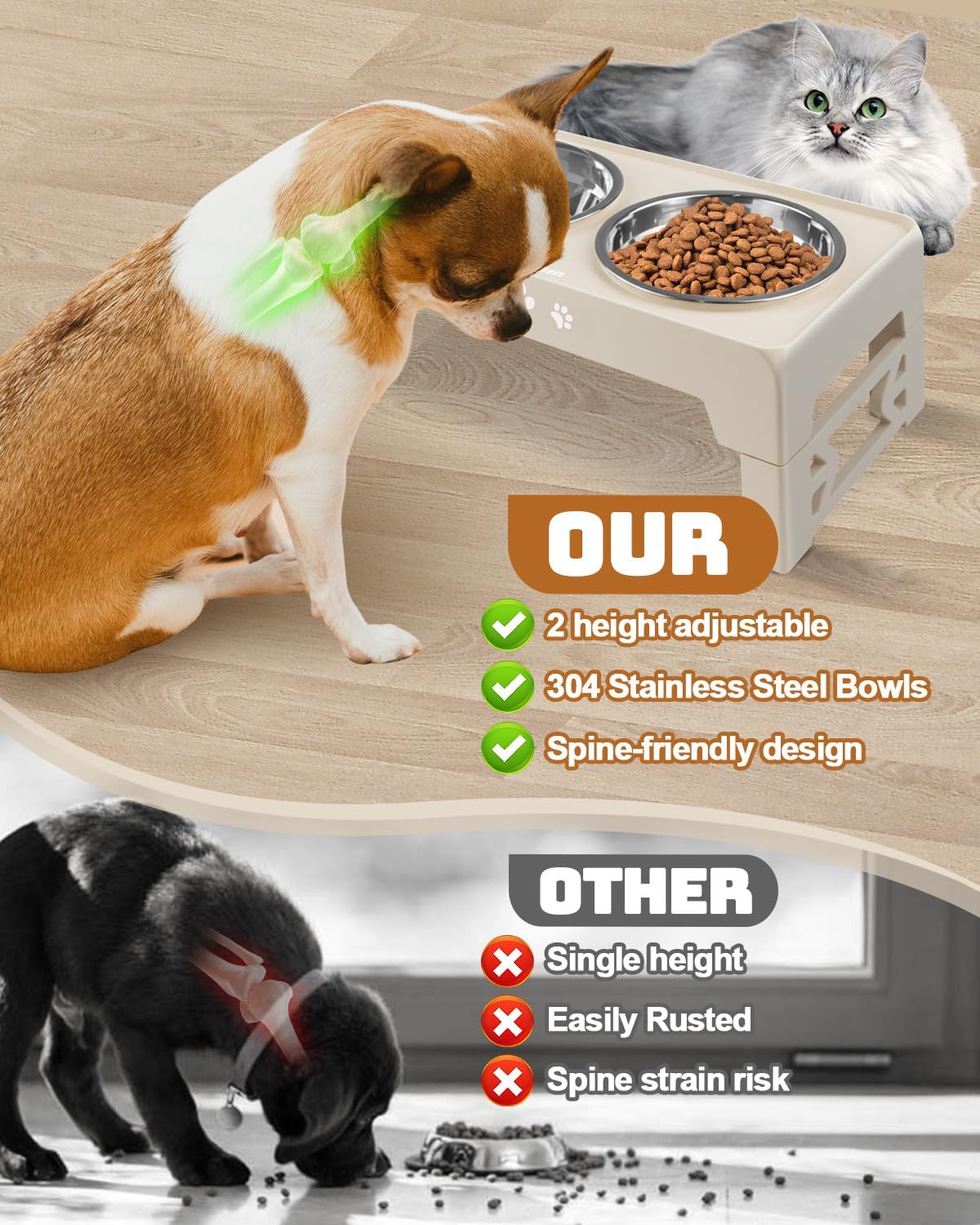 Elevated Dog Bowls for Medium Large Size Dogs, Non-Slip Dog Feeder with 1*Stainless Steel Dishes & 1*Slow Feeder Bowl, 5 Heights Adjustable Raised Bowls to 3.15″-8.66″-9.84″-11.02″-12.2″