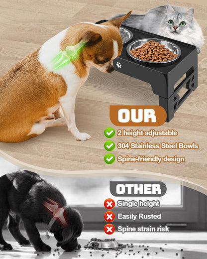 Elevated Dog Bowls for Medium Large Size Dogs, Non-Slip Dog Feeder with 1*Stainless Steel Dishes & 1*Slow Feeder Bowl, 5 Heights Adjustable Raised Bowls to 3.15″-8.66″-9.84″-11.02″-12.2″