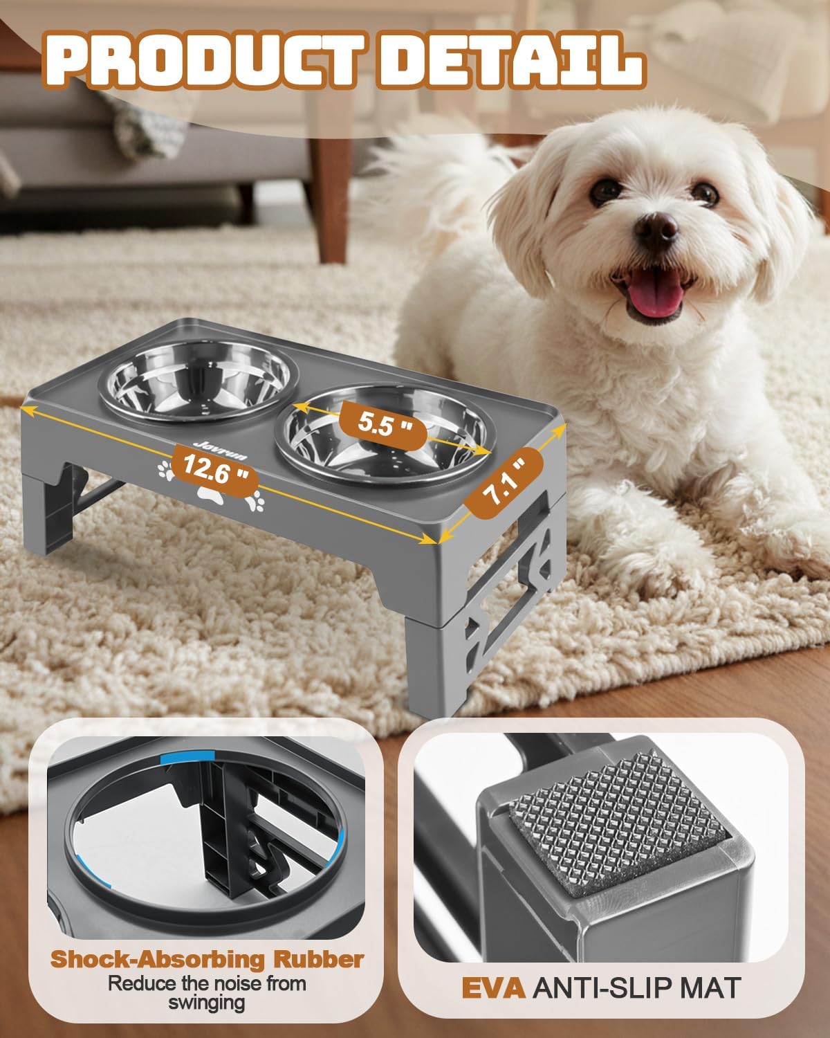 Elevated Dog Bowls for Medium Large Size Dogs, Non-Slip Dog Feeder with 1*Stainless Steel Dishes & 1*Slow Feeder Bowl, 5 Heights Adjustable Raised Bowls to 3.15″-8.66″-9.84″-11.02″-12.2″