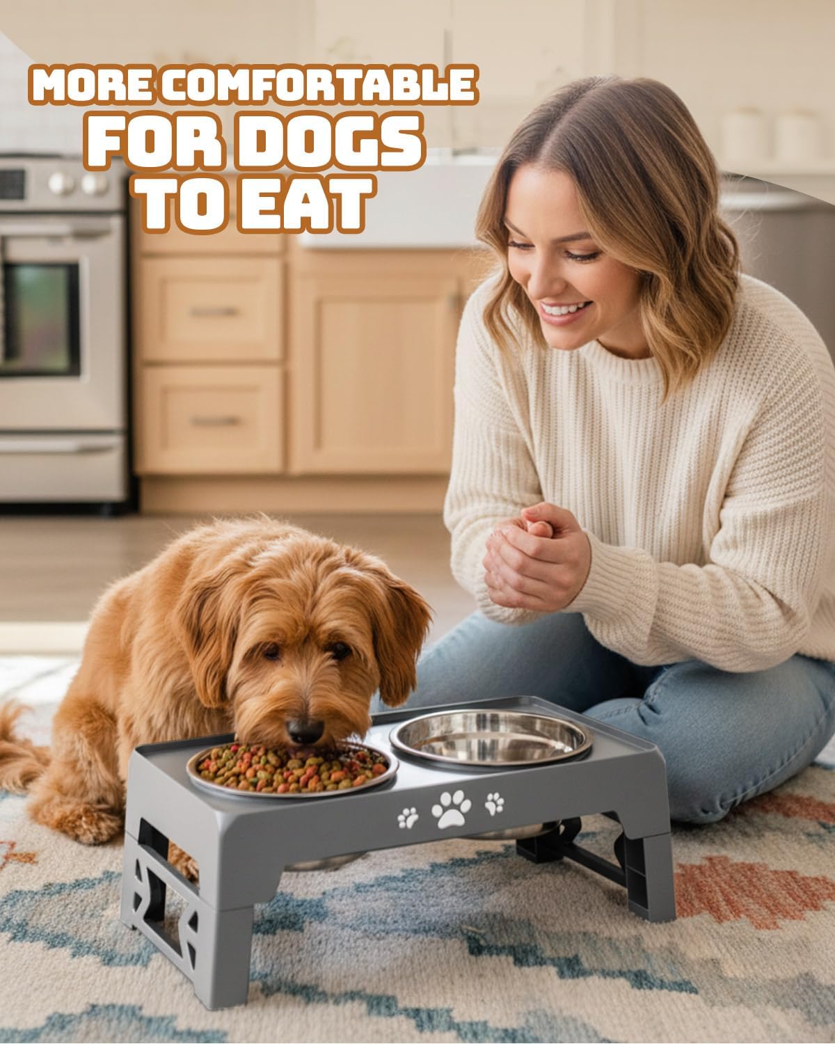 Elevated Dog Bowls for Medium Large Size Dogs, Non-Slip Dog Feeder with 1*Stainless Steel Dishes & 1*Slow Feeder Bowl, 5 Heights Adjustable Raised Bowls to 3.15″-8.66″-9.84″-11.02″-12.2″