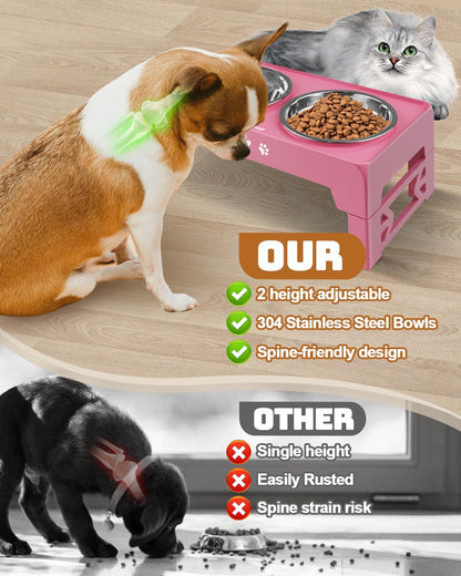 Elevated Dog Bowls for Medium Large Size Dogs, Non-Slip Dog Feeder with 1*Stainless Steel Dishes & 1*Slow Feeder Bowl, 5 Heights Adjustable Raised Bowls to 3.15″-8.66″-9.84″-11.02″-12.2″