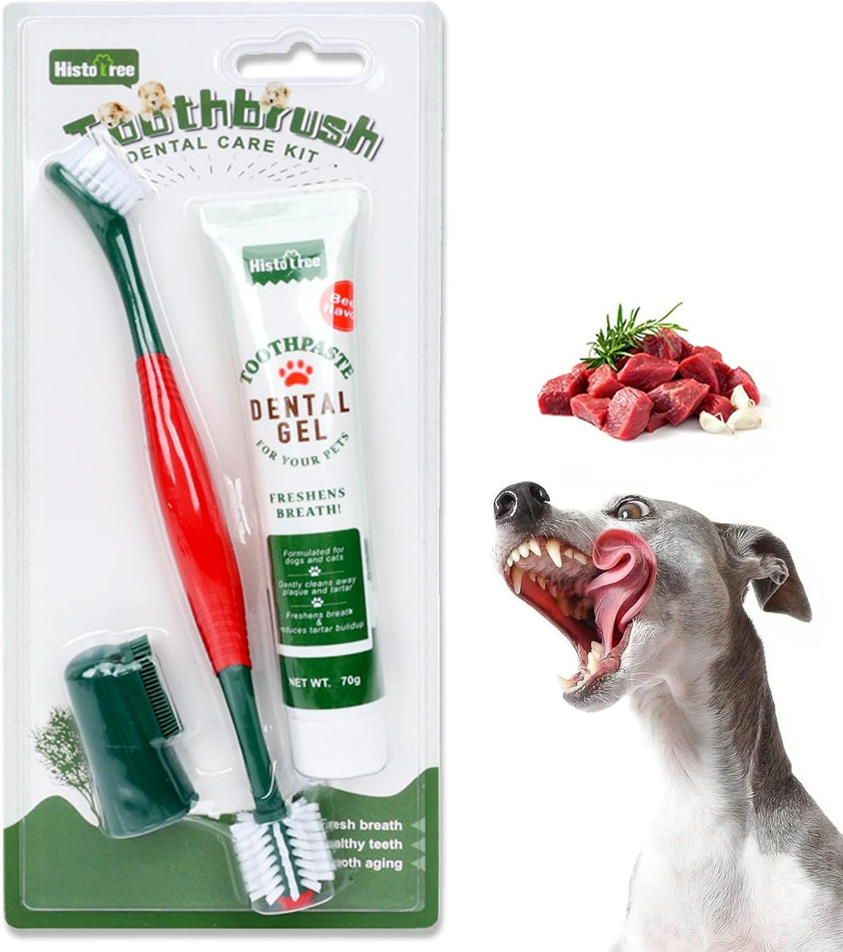 Dog Toothbrush and Toothpaste Kit Beef Dog Toothpaste(70g) | Nylon Bristles,360° Double-Head Dog Toothbrush TPR Overmolded Handle,Dog Tooth Brushing Kit,Pet Dental Care Kit for Dogs&Cats