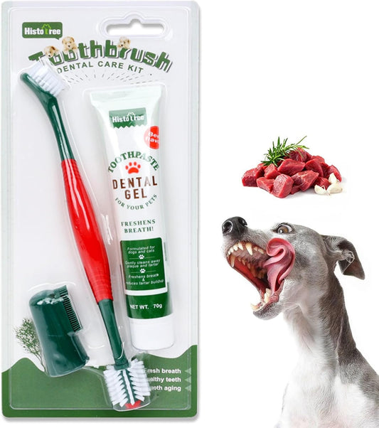 Dog Toothbrush and Toothpaste Kit Beef Dog Toothpaste(70g) | Nylon Bristles,360° Double-Head Dog Toothbrush TPR Overmolded Handle,Dog Tooth Brushing Kit,Pet Dental Care Kit for Dogs&Cats